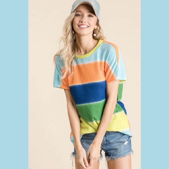 ORANGE MULTI COLOR STRIPE DETAIL TOP Made in USA - Picture 4 of 6